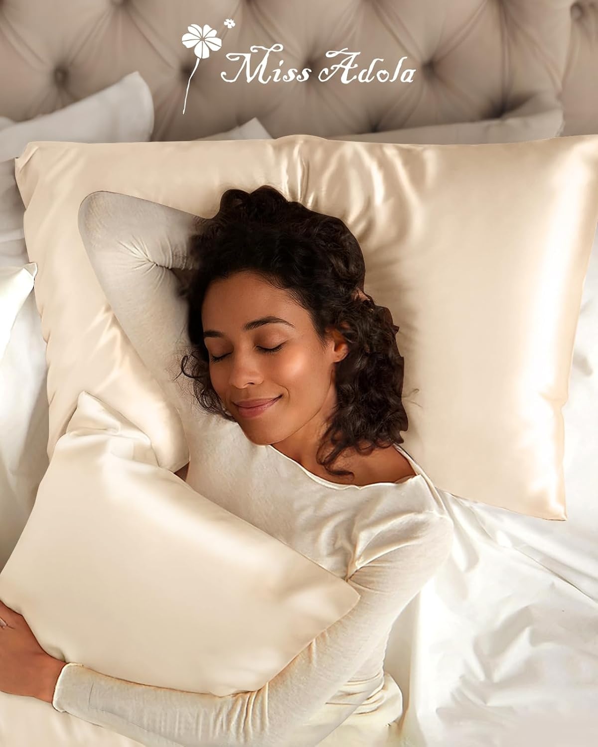 image:imageMiss Adola Silk Pillowcase 2 Pack Pillow Cases Standard Set of 2 Size 20 x 26 for Hair and Skin Smooth Soft Breathable with Hidden Zipper Cooling Pillow Covers for Sleeping Women BeigeBeige