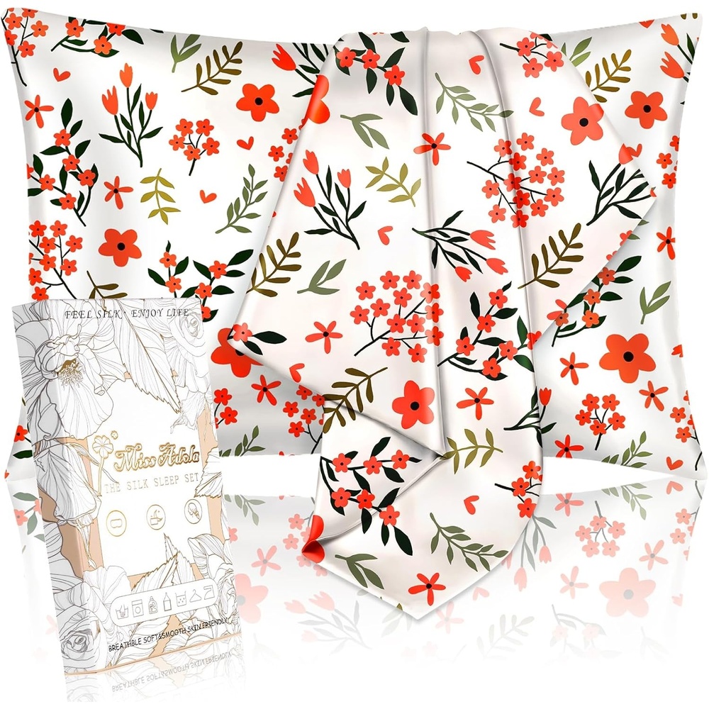 image:imageMiss Adola 2 Pack Mulberry Silk Pillowcase for Hair and Skin Standard Size 26 x 20 Inches with Hidden Zipper Red Flower 19 Momme Soft Sleeping Silk Pillow Case for Women Moms