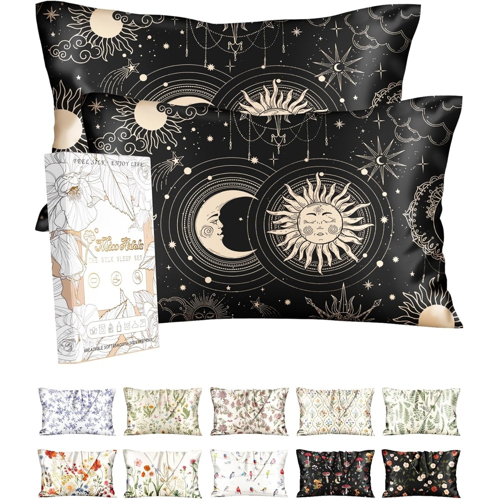 image:imageMiss Adola 2 Pack Silk Pillowcases 20x26 Inch Standard Size Silk Pillow Cases with Hidden Zipper for Women Lady Smooth Soft Breathable Cooling Design Pillowcases for Hair and Skin Green LeafBlack Star Moon