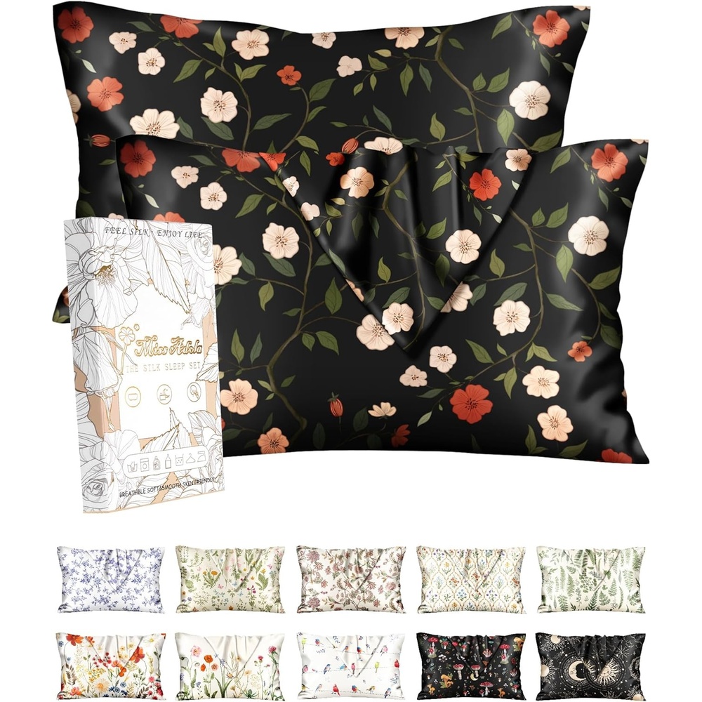 image:imageMiss Adola 2 Pack Silk Pillowcases 20x26 Inch Standard Size Silk Pillow Cases with Hidden Zipper for Women Lady Smooth Soft Breathable Cooling Design Pillowcases for Hair and Skin Green LeafBlack Flowers