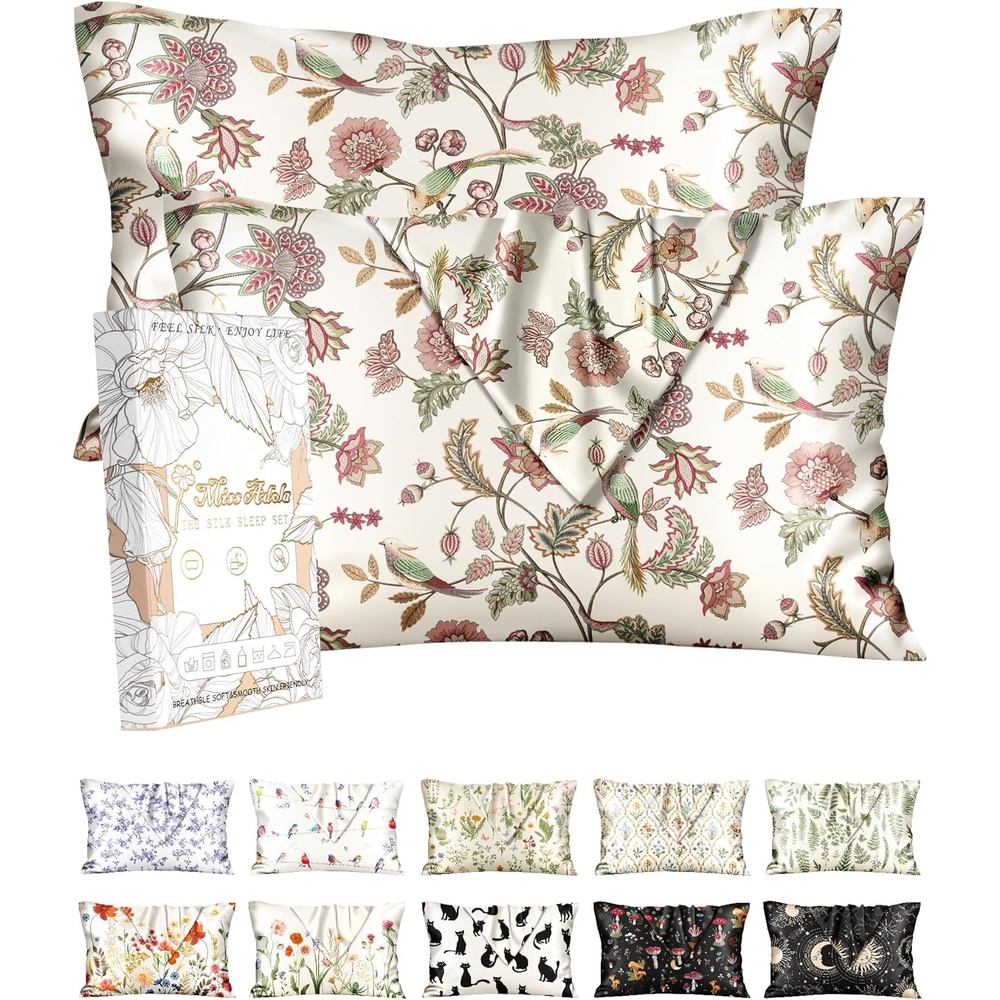 image:imageMiss Adola 2 Pack Silk Pillowcases 20x26 Inch Standard Size Silk Pillow Cases with Hidden Zipper for Women Lady Smooth Soft Breathable Cooling Design Pillowcases for Hair and Skin Green LeafFlower Bird