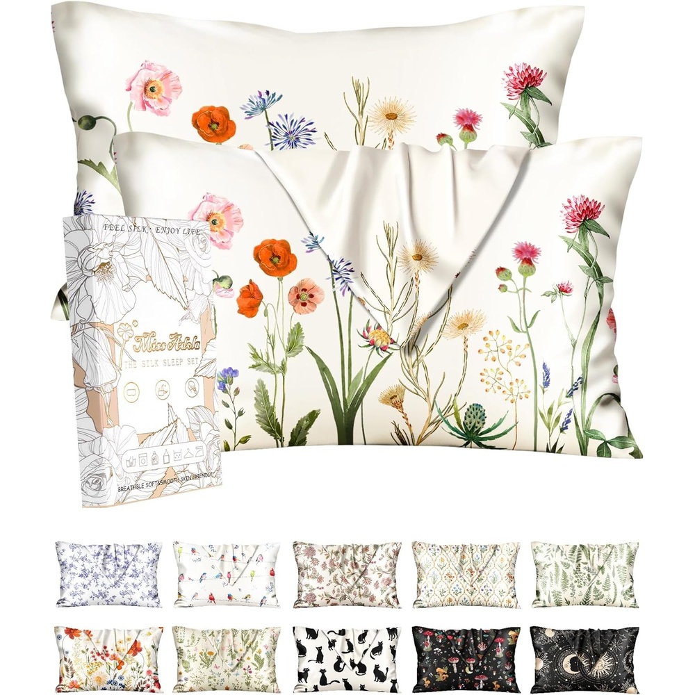 image:imageMiss Adola 2 Pack Silk Pillowcases 20x26 Inch Standard Size Silk Pillow Cases with Hidden Zipper for Women Lady Smooth Soft Breathable Cooling Design Pillowcases for Hair and Skin Green LeafQuiet Flower