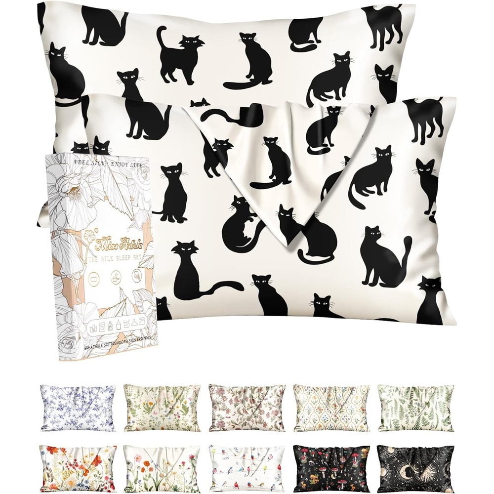 image:imageMiss Adola 2 Pack Silk Pillowcases 20x26 Inch Standard Size Silk Pillow Cases with Hidden Zipper for Women Lady Smooth Soft Breathable Cooling Design Pillowcases for Hair and Skin Green LeafBlack Cats