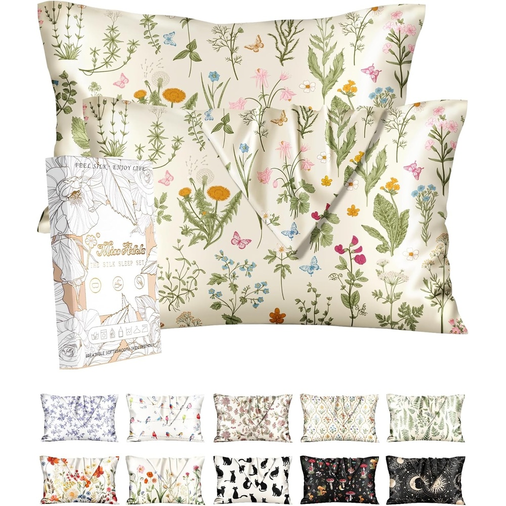 image:imageMiss Adola 2 Pack Silk Pillowcases 20x26 Inch Standard Size Silk Pillow Cases with Hidden Zipper for Women Lady Smooth Soft Breathable Cooling Design Pillowcases for Hair and Skin Green LeafLeaf Flower