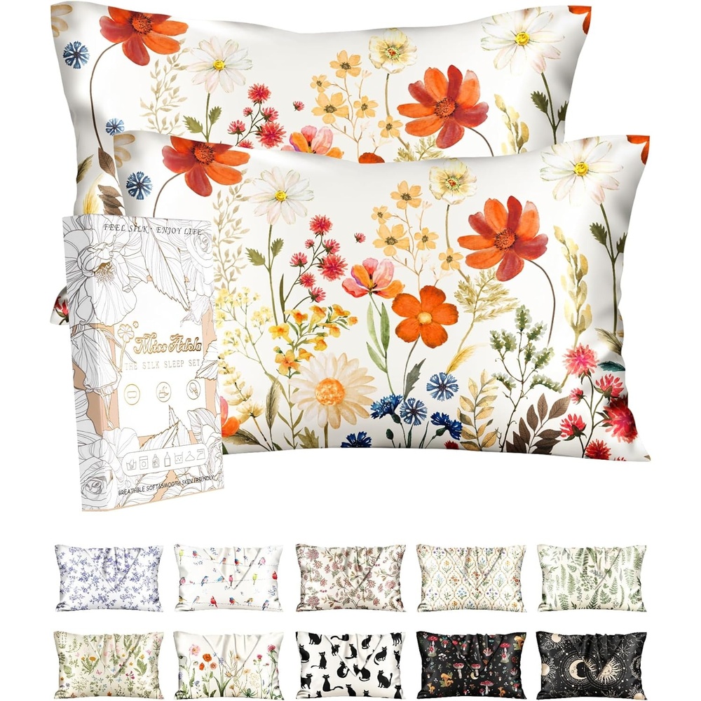 image:imageMiss Adola 2 Pack Silk Pillowcases 20x26 Inch Standard Size Silk Pillow Cases with Hidden Zipper for Women Lady Smooth Soft Breathable Cooling Design Pillowcases for Hair and Skin Green Leaf3d Red Flower