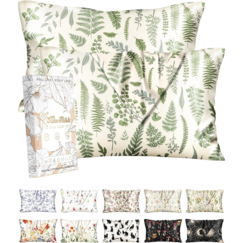 image:imageMiss Adola 2 Pack Silk Pillowcases 20x26 Inch Standard Size Silk Pillow Cases with Hidden Zipper for Women Lady Smooth Soft Breathable Cooling Design Pillowcases for Hair and Skin Green LeafGreen Leaf