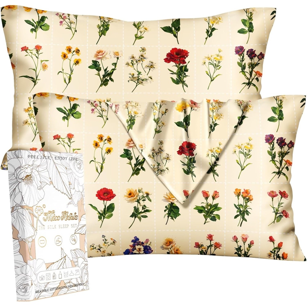 image:imageMiss Adola 2 Pack Silk Pillowcases Standard Size 20 x 26 Inch Silky Pillow Cases for Hair and Skin Soft Smooth Cooling Aesthetic Bed Sleeping Pillow Covers with Zipper for Women Green ArtFlorets Variety
