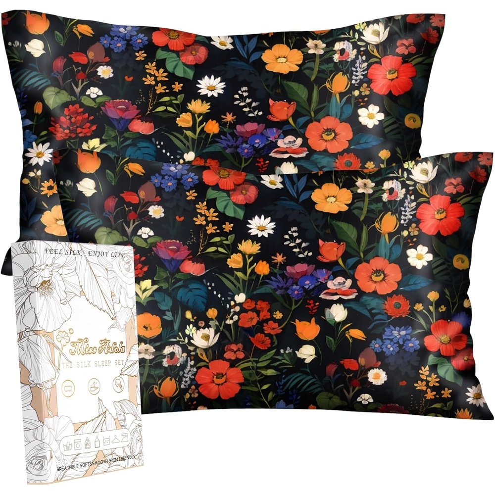 image:imageMiss Adola 2 Pack Silk Pillowcases Standard Size 20 x 26 Inch Silky Pillow Cases for Hair and Skin Soft Smooth Cooling Aesthetic Bed Sleeping Pillow Covers with Zipper for Women Green ArtBlack Floral