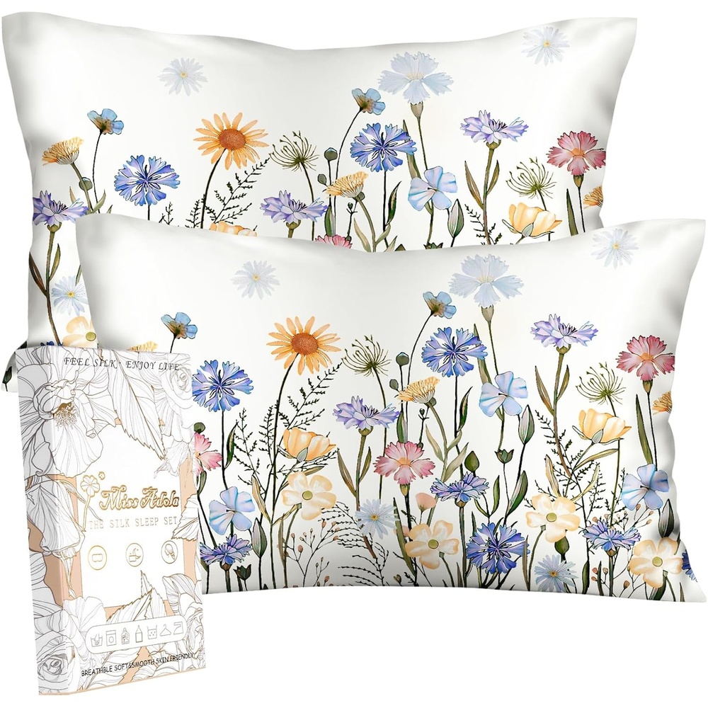 image:imageMiss Adola 2 Pack Silk Pillowcases Standard Size 20 x 26 Inch Silky Pillow Cases for Hair and Skin Soft Smooth Cooling Aesthetic Bed Sleeping Pillow Covers with Zipper for Women Green ArtColorful Flower