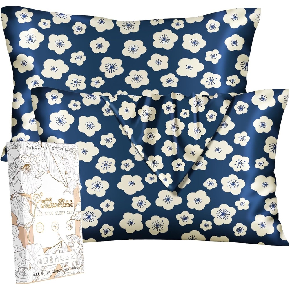 image:imageMiss Adola 2 Pack Silk Pillowcases Standard Size 20 x 26 Inch Silky Pillow Cases for Hair and Skin Soft Smooth Cooling Aesthetic Bed Sleeping Pillow Covers with Zipper for Women Green ArtBlue White Flowers