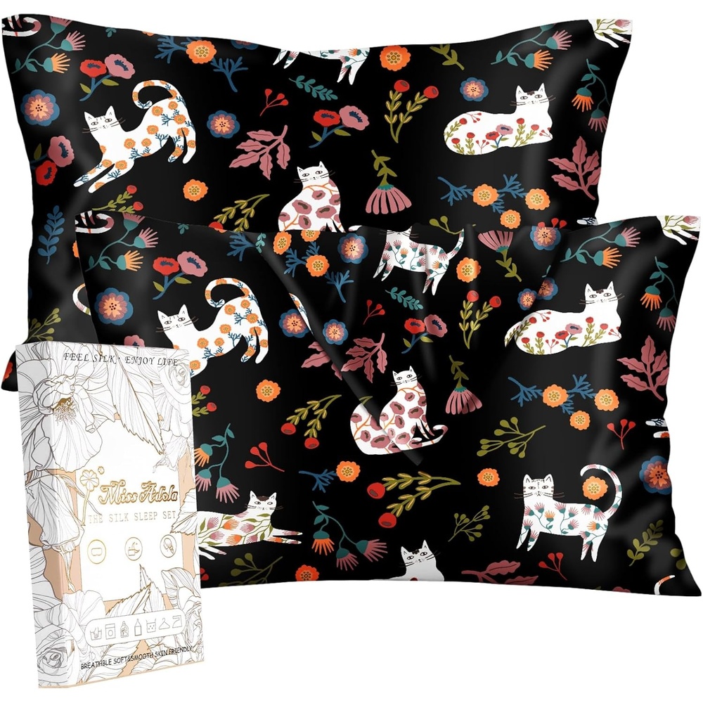 image:imageMiss Adola 2 Pack Silk Pillowcases Standard Size 20 x 26 Inch Silky Pillow Cases for Hair and Skin Soft Smooth Cooling Aesthetic Bed Sleeping Pillow Covers with Zipper for Women Green ArtBlack Flower Cats