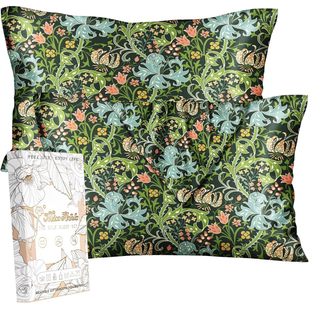 image:imageMiss Adola 2 Pack Silk Pillowcases Standard Size 20 x 26 Inch Silky Pillow Cases for Hair and Skin Soft Smooth Cooling Aesthetic Bed Sleeping Pillow Covers with Zipper for Women Green ArtGreen Art