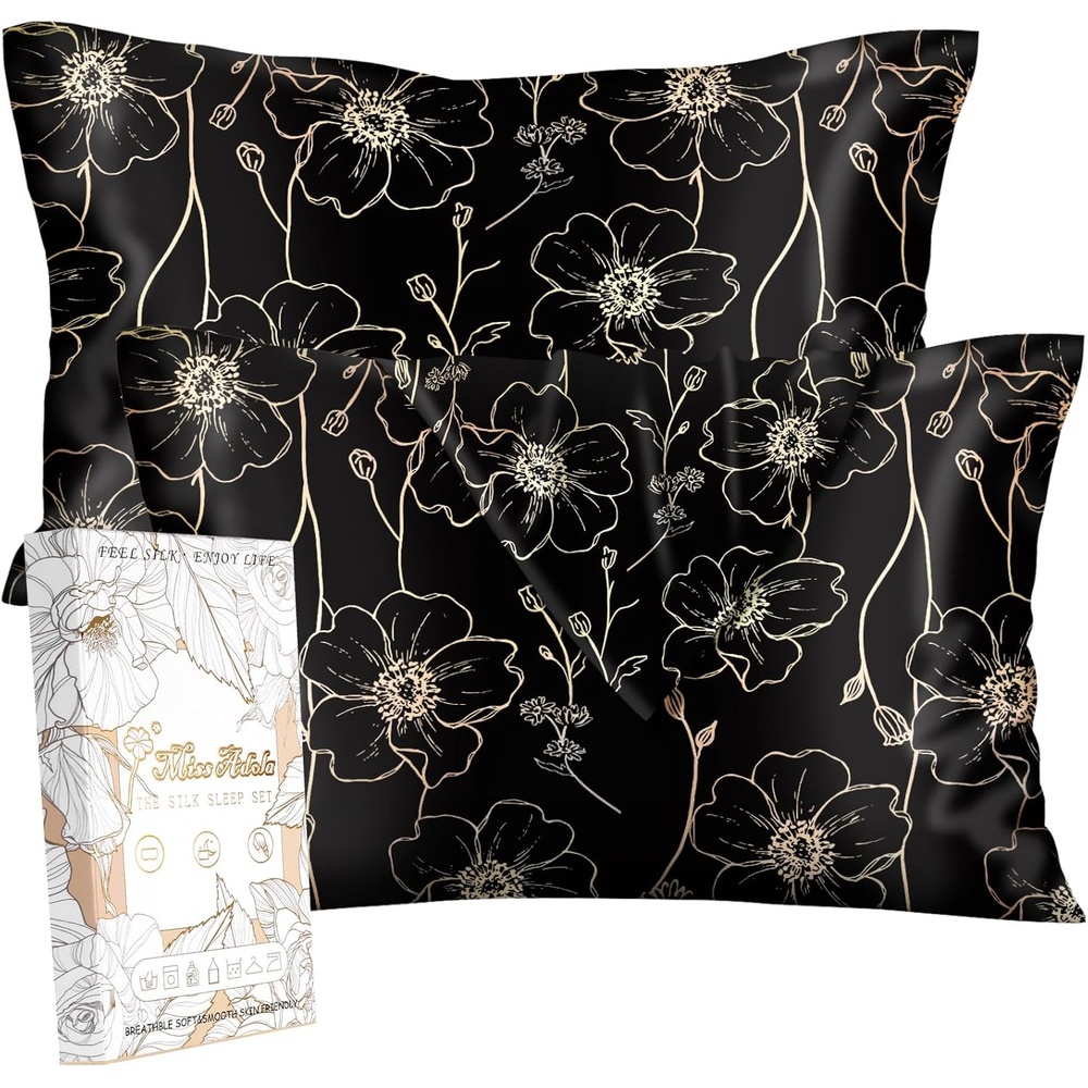 image:imageMiss Adola 2 Pack Silk Pillowcases Standard Size 20 x 26 Inch Silky Pillow Cases for Hair and Skin Soft Smooth Cooling Aesthetic Bed Sleeping Pillow Covers with Zipper for Women Green ArtGold Line Flowers