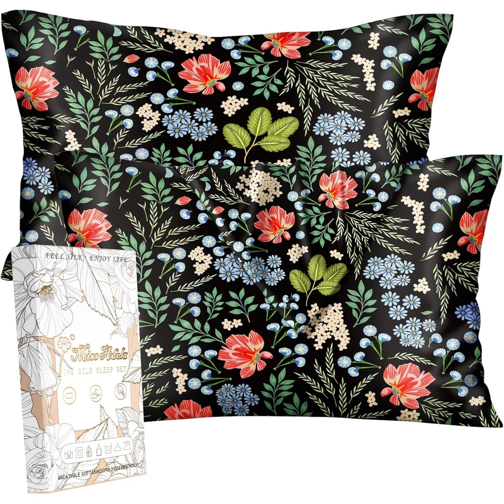 image:imageMiss Adola 2 Pack Silk Pillowcases Standard Size 20 x 26 Inch Silky Pillow Cases for Hair and Skin Soft Smooth Cooling Aesthetic Bed Sleeping Pillow Covers with Zipper for Women Green ArtBlack Leaf Flowers