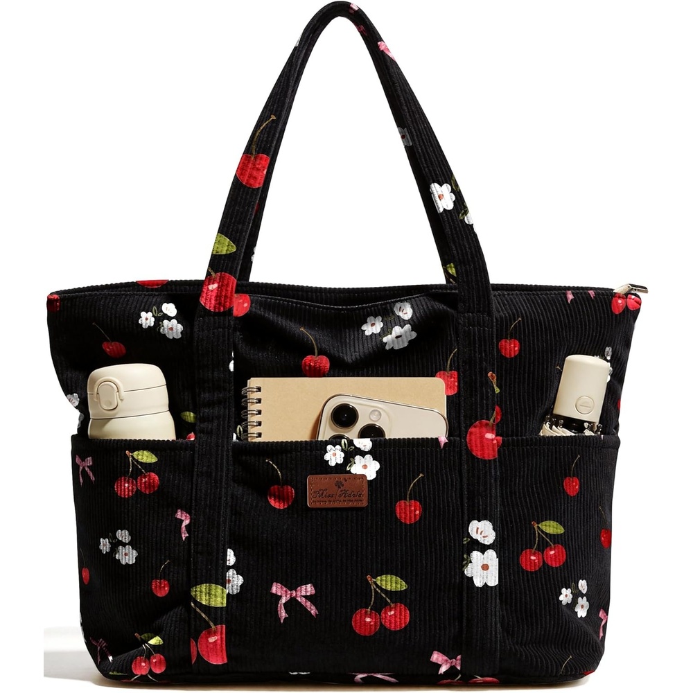 image:imageMiss Adola Aesthetic Corduroy Tote Bag Large Travel Tote Bag for Women with Zipper Multi Pockets for Work Teacher NurseCherrybow