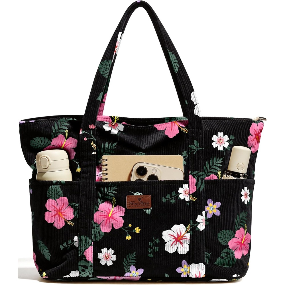 image:imageMiss Adola Aesthetic Corduroy Tote Bag Large Travel Tote Bag for Women with Zipper Multi Pockets for Work Teacher NurseHibiscus