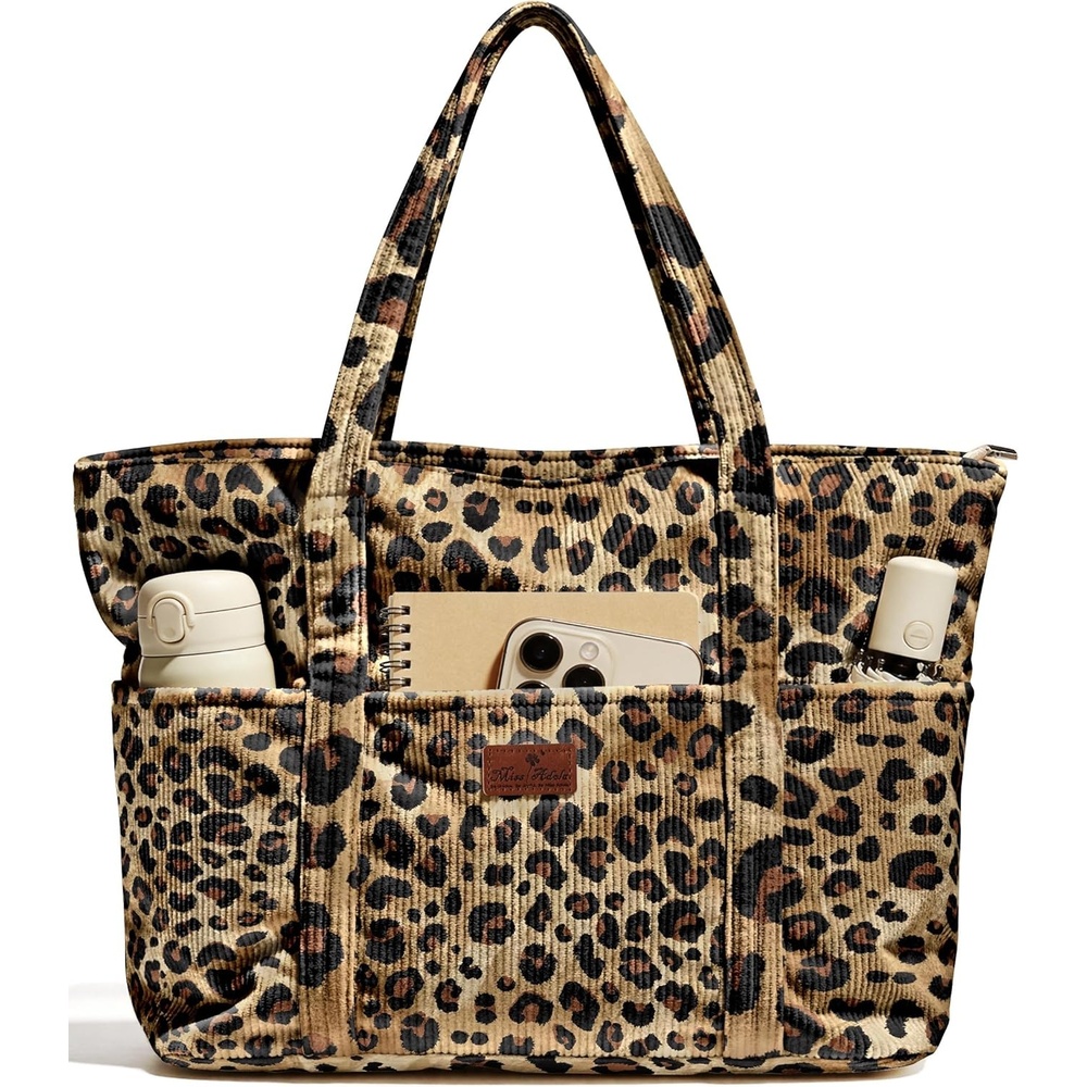 image:imageMiss Adola Aesthetic Corduroy Tote Bag Large Travel Tote Bag for Women with Zipper Multi Pockets for Work Teacher NurseLeopard