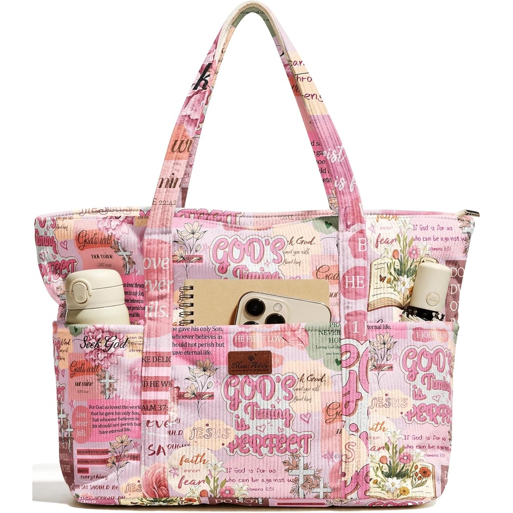 image:imageMiss Adola Aesthetic Corduroy Tote Bag Large Travel Tote Bag for Women with Zipper Multi Pockets for Work Teacher NursePatchwork