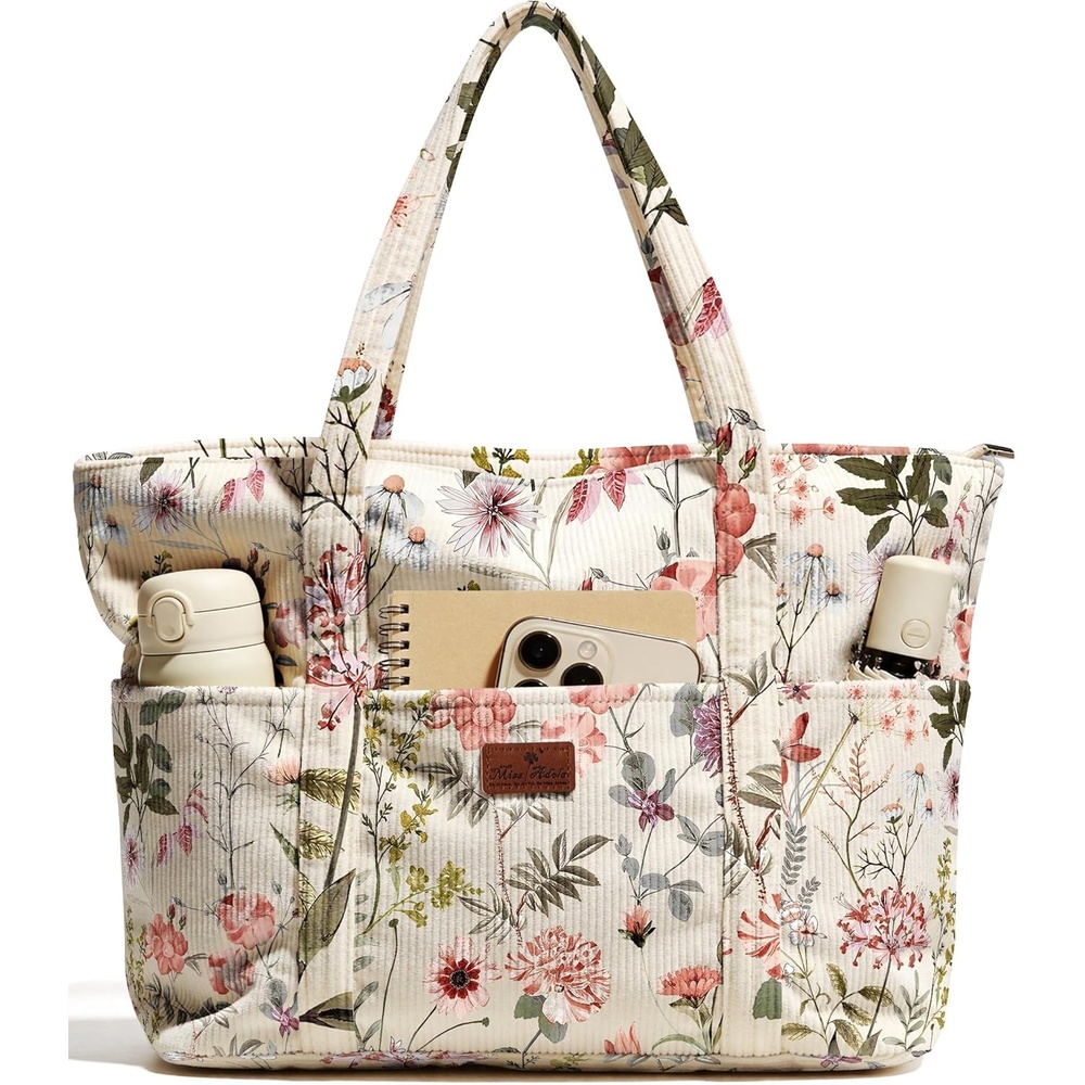 image:imageMiss Adola Aesthetic Corduroy Tote Bag Large Travel Tote Bag for Women with Zipper Multi Pockets for Work Teacher NursePink Floral