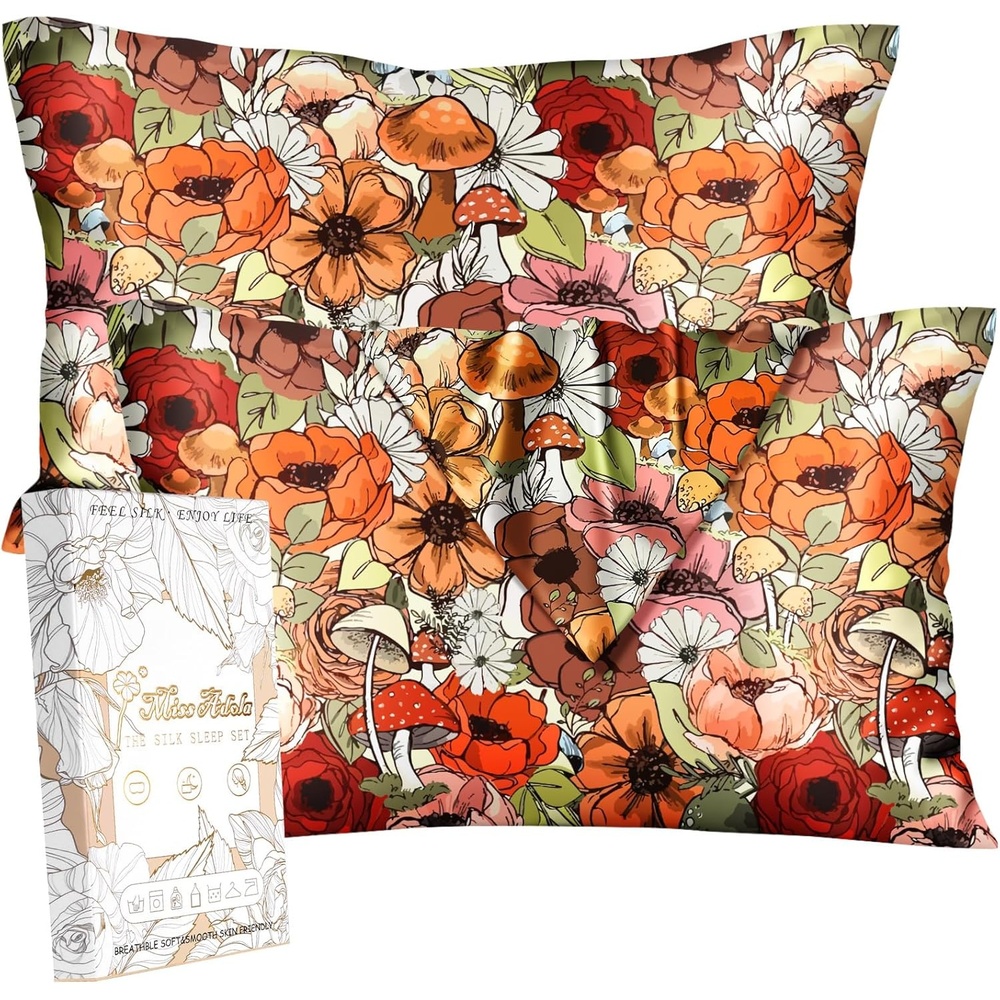 image:imageMiss Adola Silk Pillowcase 2 Pack Cute Pillow Cases 20 x 26 Standard Size Set of 2 for Hair and Skin Smooth Soft Breathable with Hidden Zipper Cooling Pillow Covers for Sleeping Mushroom BushesMushroom Bushes