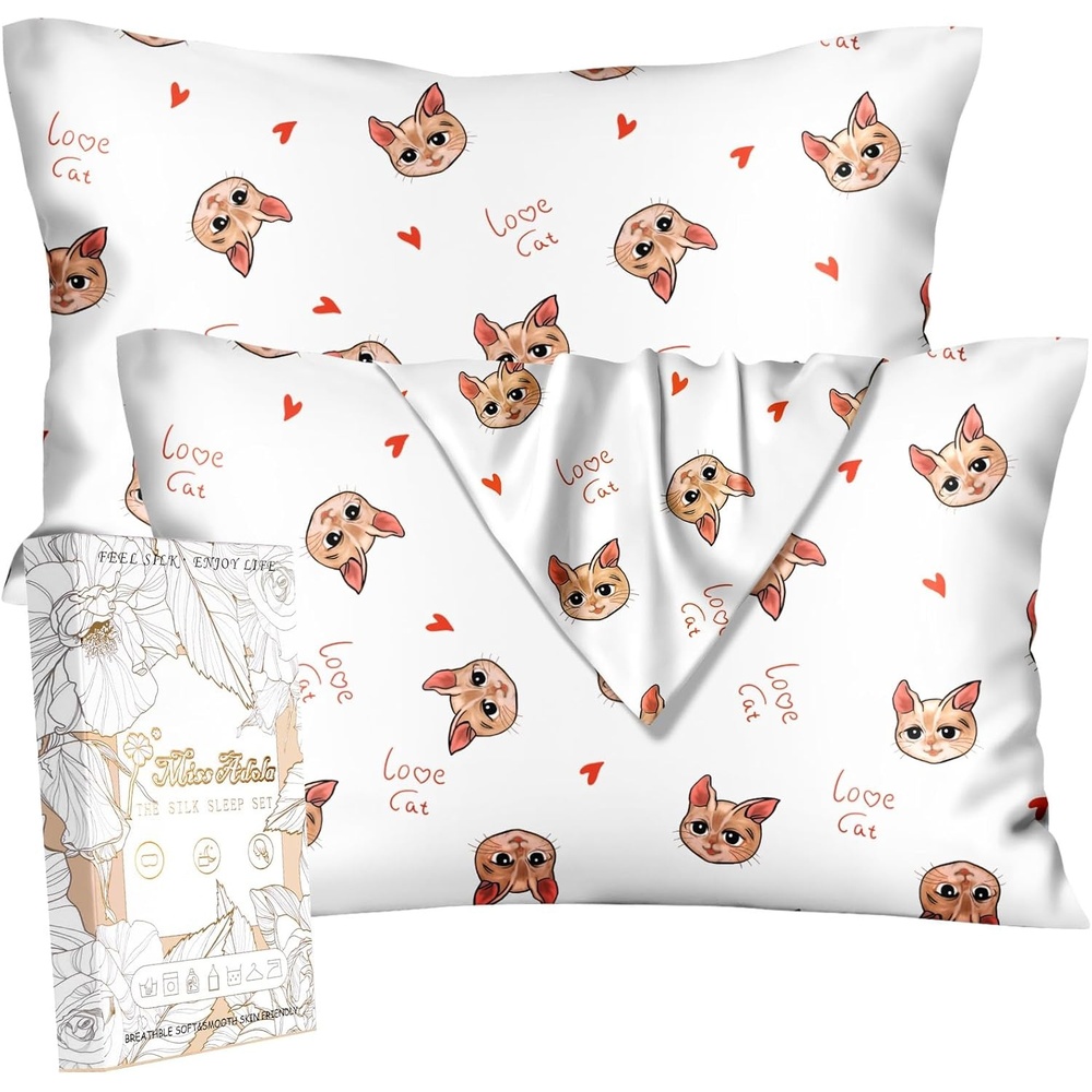 image:imageMiss Adola Silk Pillowcase 2 Pack Cute Pillow Cases 20 x 26 Standard Size Set of 2 for Hair and Skin Smooth Soft Breathable with Hidden Zipper Cooling Pillow Covers for Sleeping Mushroom BushesLove Cat