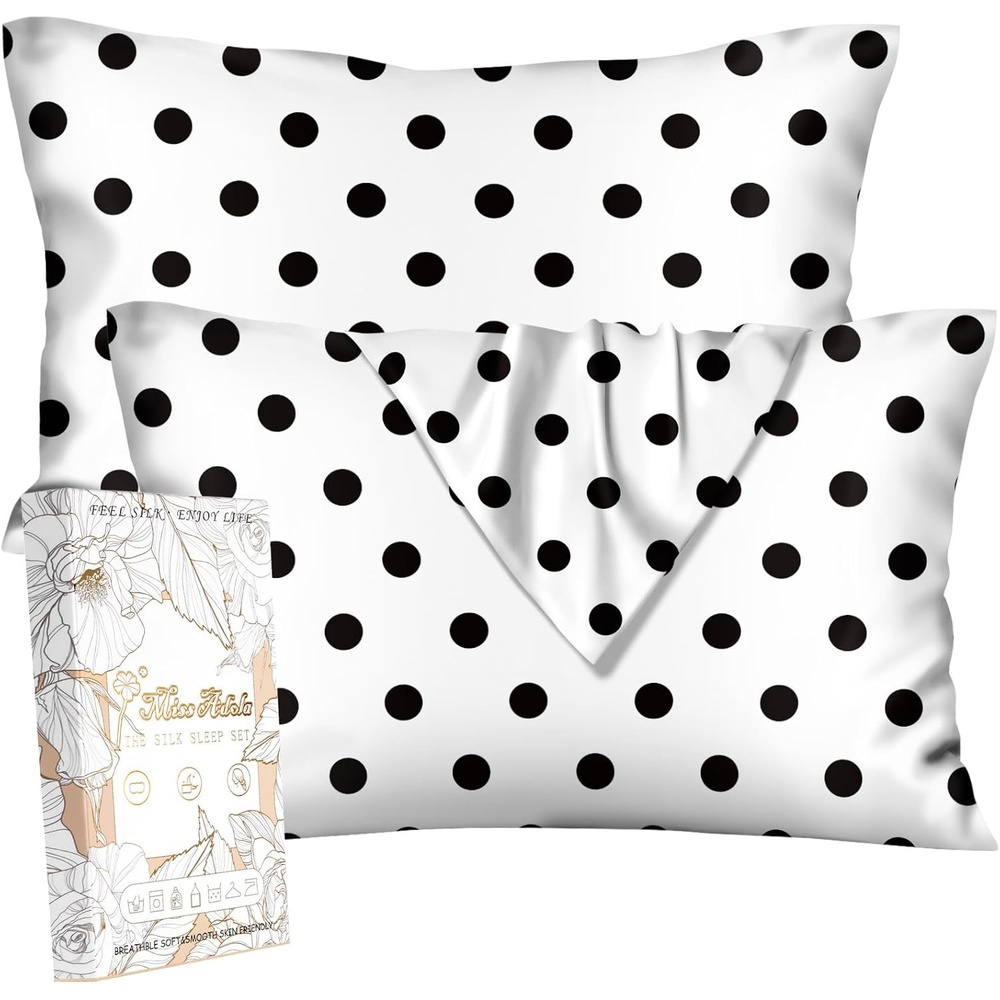 image:imageMiss Adola Silk Pillowcase 2 Pack Cute Pillow Cases 20 x 26 Standard Size Set of 2 for Hair and Skin Smooth Soft Breathable with Hidden Zipper Cooling Pillow Covers for Sleeping Mushroom BushesWhite Black Dot