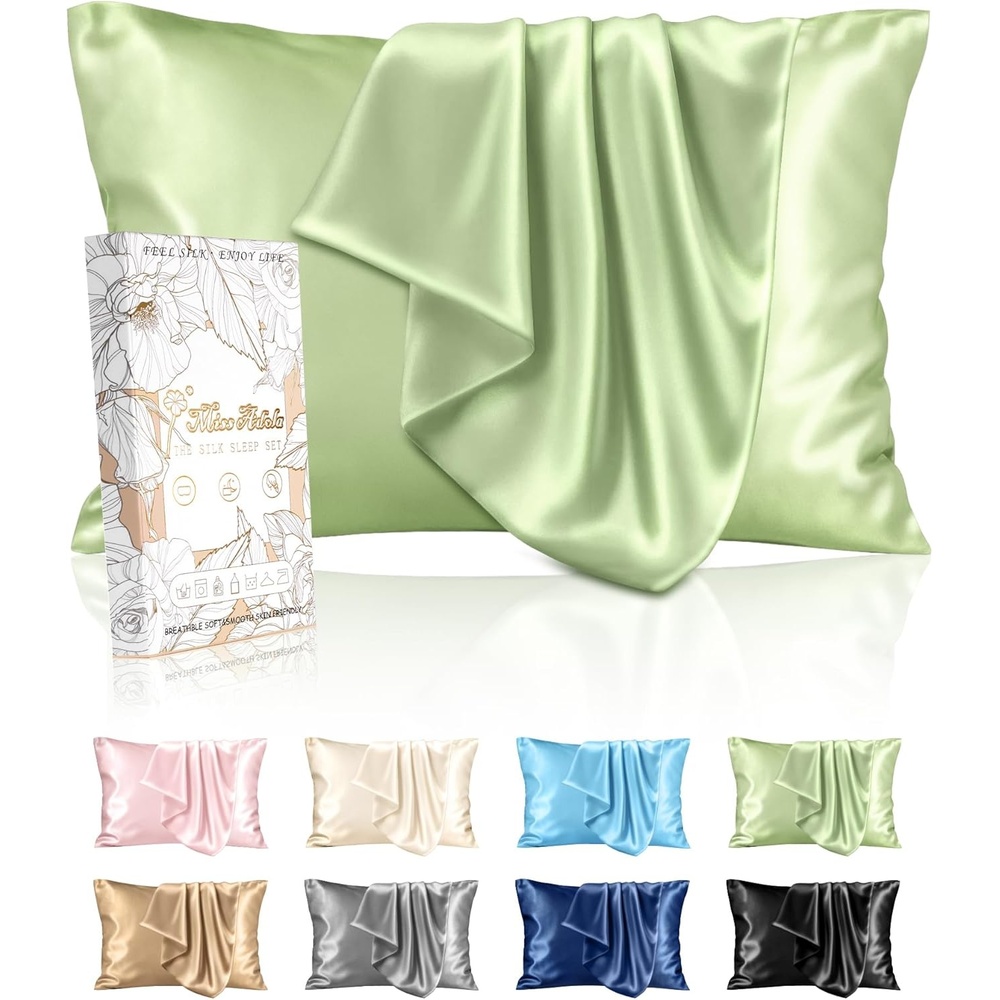 image:imageMiss Adola Silk Pillowcase 2 Pack Pillow Cases Standard Set of 2 Size 20 x 26 for Hair and Skin Smooth Soft Breathable with Hidden Zipper Cooling Pillow Covers for Sleeping Women BeigeLight Green