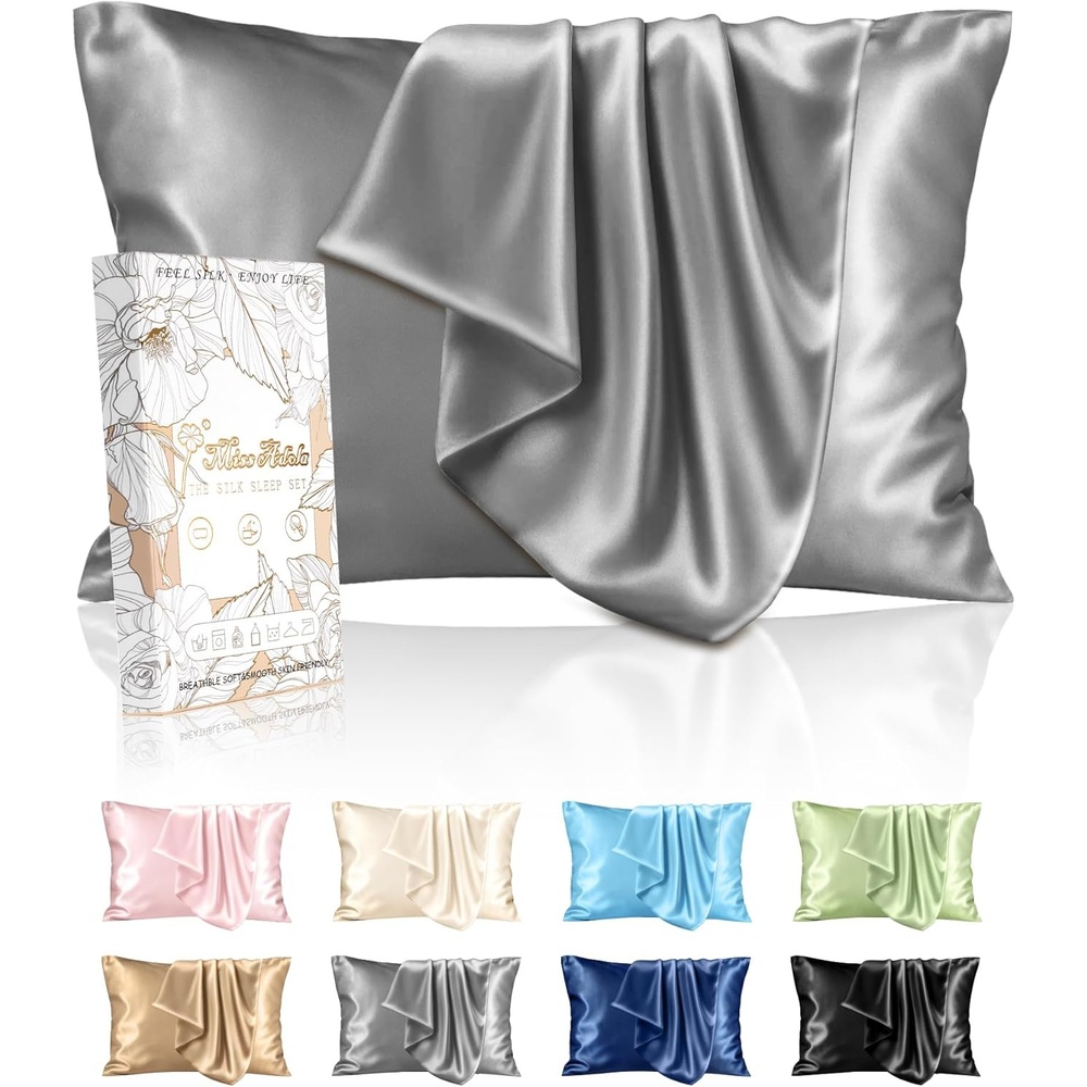 image:imageMiss Adola Silk Pillowcase 2 Pack Pillow Cases Standard Set of 2 Size 20 x 26 for Hair and Skin Smooth Soft Breathable with Hidden Zipper Cooling Pillow Covers for Sleeping Women BlackLight Grey