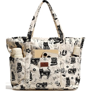 image:imageMiss Adola Aesthetic Corduroy Tote Bag  Large Travel Tote Bag for Women with Zipper Multi Pockets for Work Teacher NurseCat