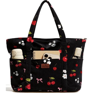image:imageMiss Adola Aesthetic Corduroy Tote Bag  Large Travel Tote Bag for Women with Zipper Multi Pockets for Work Teacher NurseCherrybow
