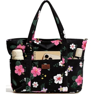 image:imageMiss Adola Aesthetic Corduroy Tote Bag  Large Travel Tote Bag for Women with Zipper Multi Pockets for Work Teacher NurseHibiscus