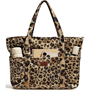 image:imageMiss Adola Aesthetic Corduroy Tote Bag  Large Travel Tote Bag for Women with Zipper Multi Pockets for Work Teacher NurseLeopard