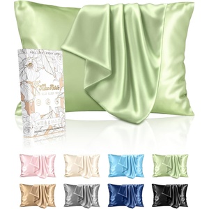 image:imageMiss Adola Silk Pillowcase 2 Pack  Pillow Cases Standard Set of 2 Size 20 x 26 for Hair and Skin Smooth Soft Breathable with Hidden Zipper Cooling Pillow Covers for Sleeping Women BeigeLight Green
