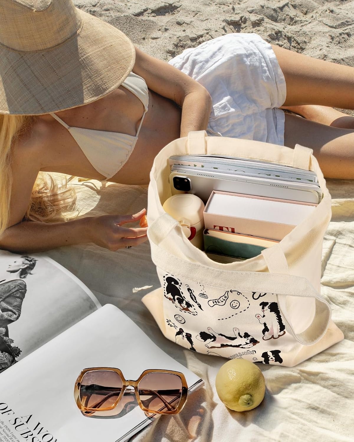 image:imageMiss Adola Aesthetic Canvas Tote Bag for Women Sturdy Cloth Cotton Totes Bag with Pattern Shoulder Bag for Shopping Grocery Gym Dogs