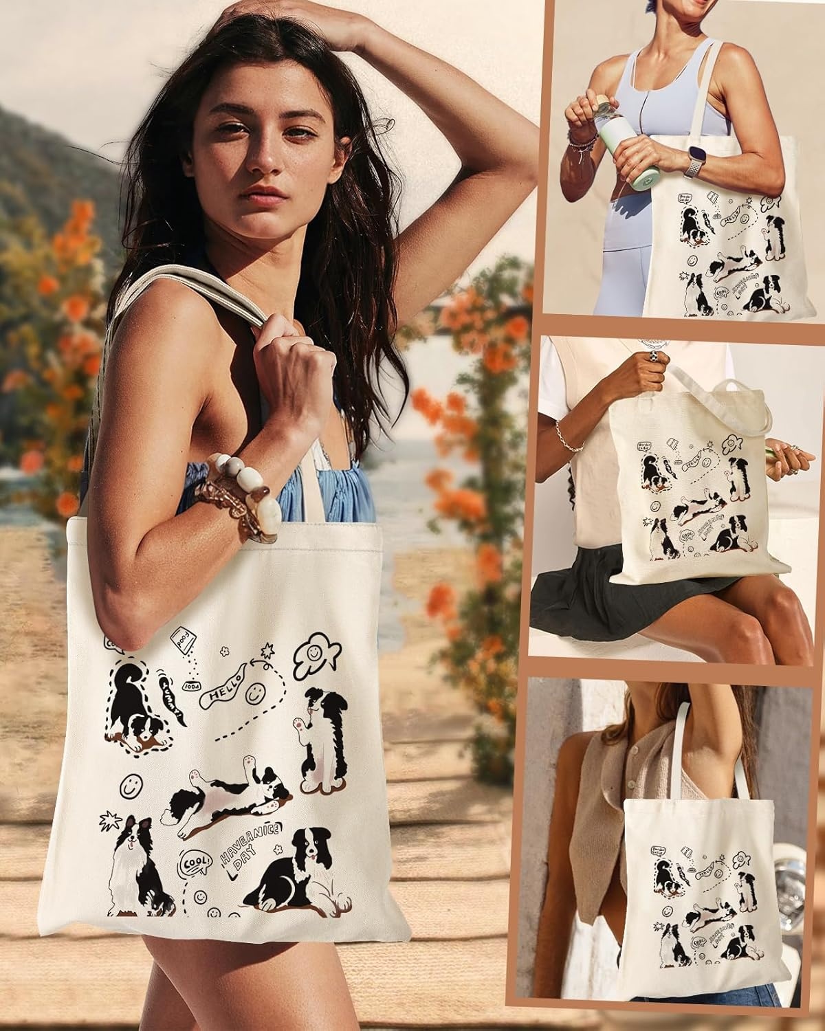 image:imageMiss Adola Aesthetic Canvas Tote Bag for Women Sturdy Cloth Cotton Totes Bag with Pattern Shoulder Bag for Shopping Grocery Gym Dogs