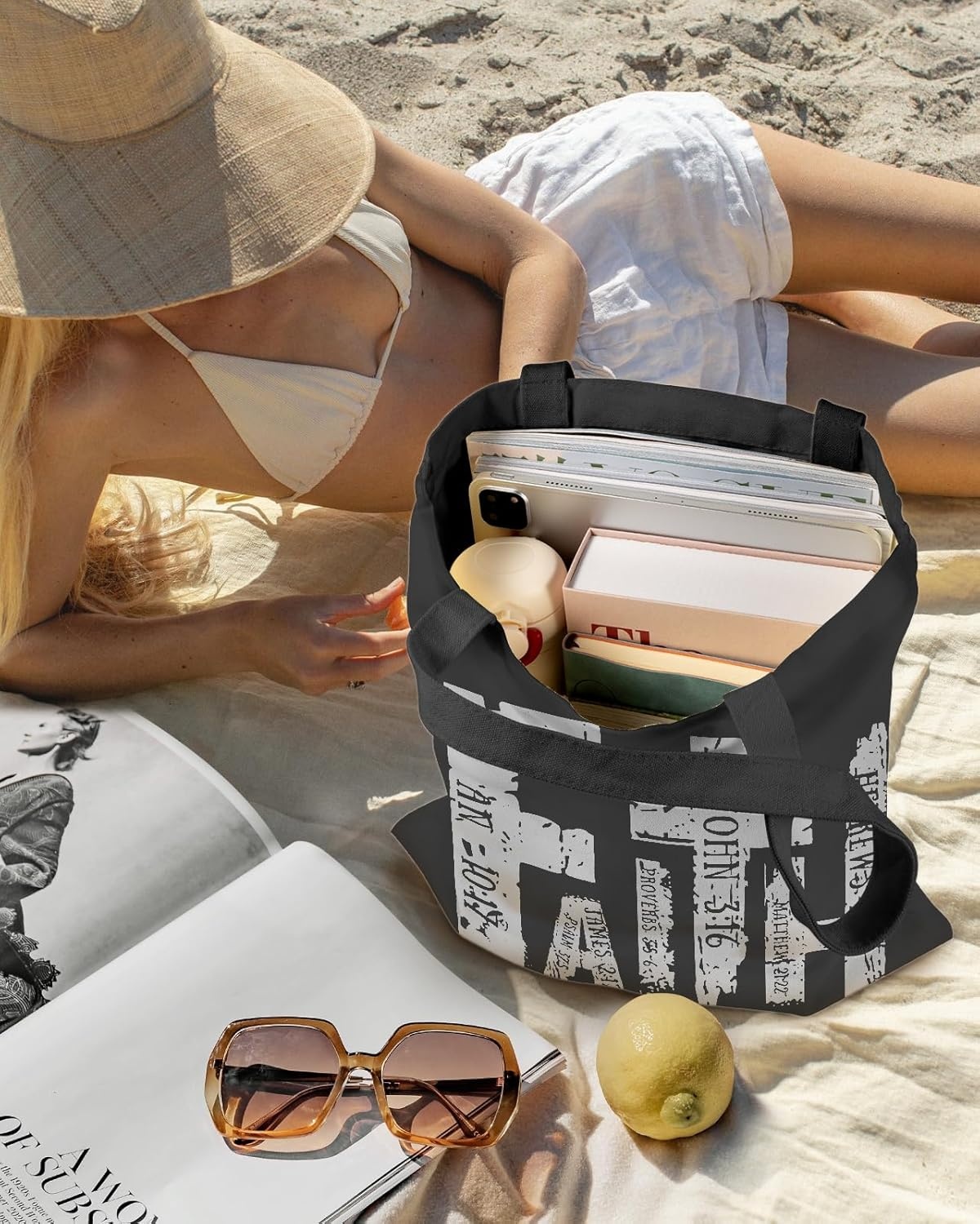 image:imageMiss Adola Aesthetic Canvas Tote Bag for Women Sturdy Cloth Cotton Totes Bag with Pattern Shoulder Bag for Shopping Grocery Gym Grey Word Graffiti Faith