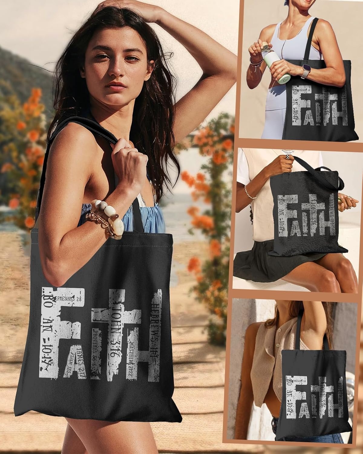 image:imageMiss Adola Aesthetic Canvas Tote Bag for Women Sturdy Cloth Cotton Totes Bag with Pattern Shoulder Bag for Shopping Grocery Gym Grey Word Graffiti Faith