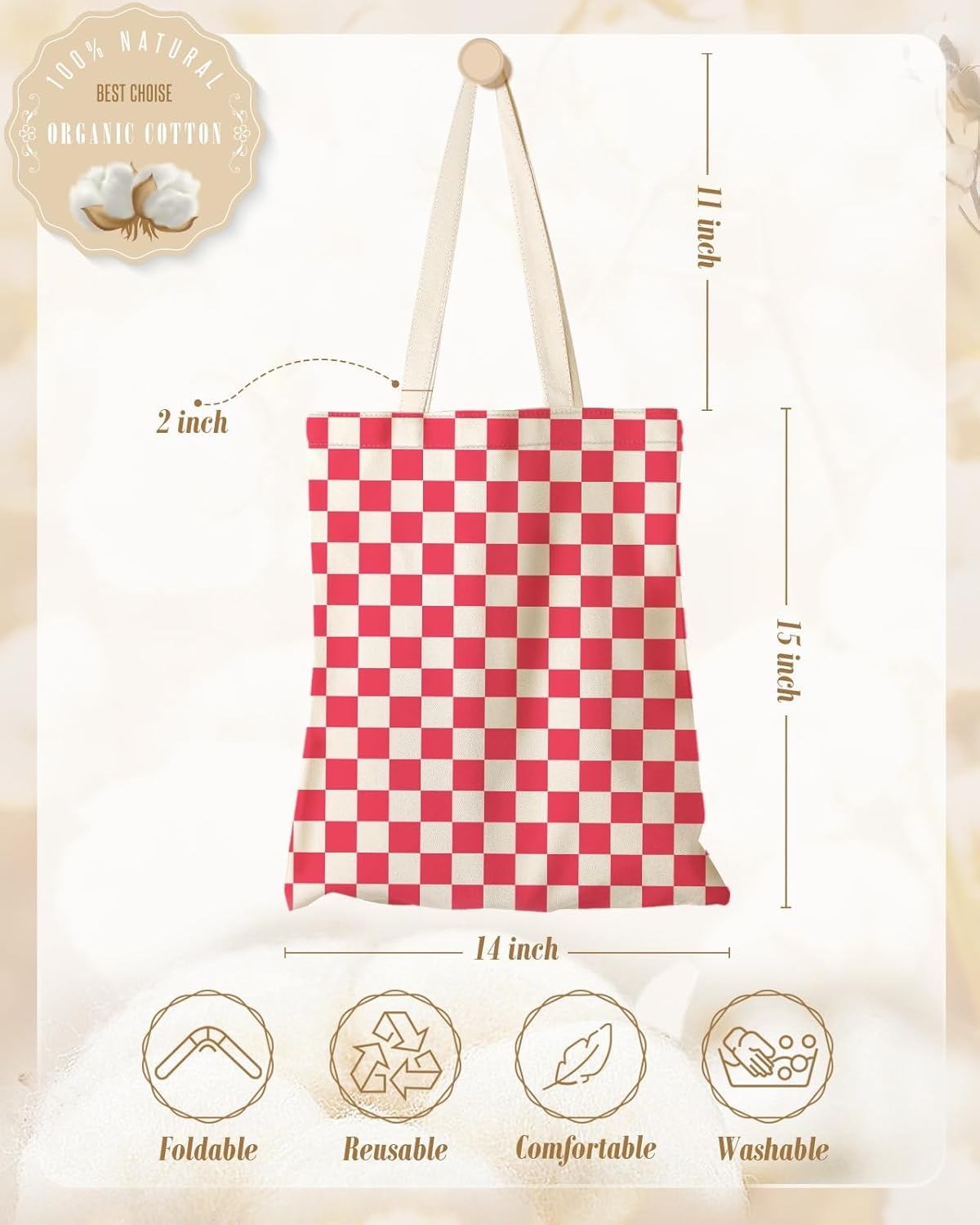 image:imageMiss Adola Aesthetic Canvas Tote Bag with Inner Pocket for Women Cloth Cotton Totes Bag with Pattern for Shopping Gym Grid Pattern