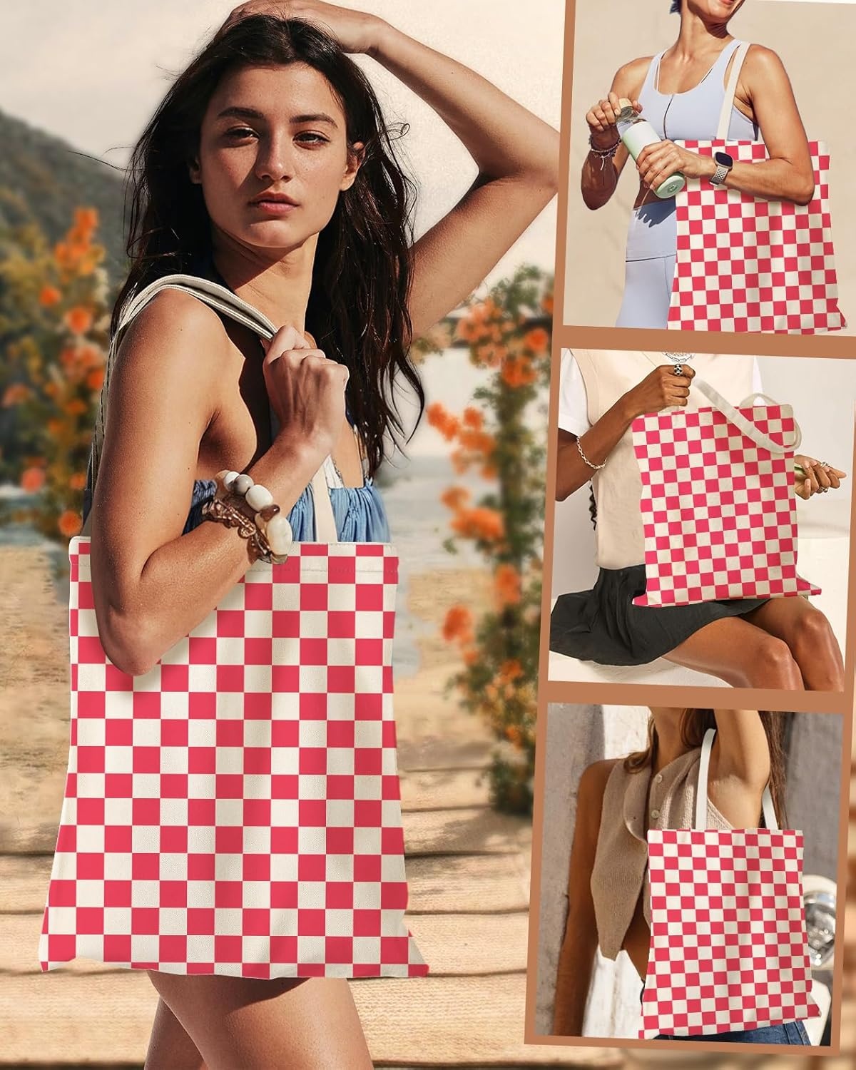 image:imageMiss Adola Aesthetic Canvas Tote Bag with Inner Pocket for Women Cloth Cotton Totes Bag with Pattern for Shopping Gym Grid Pattern