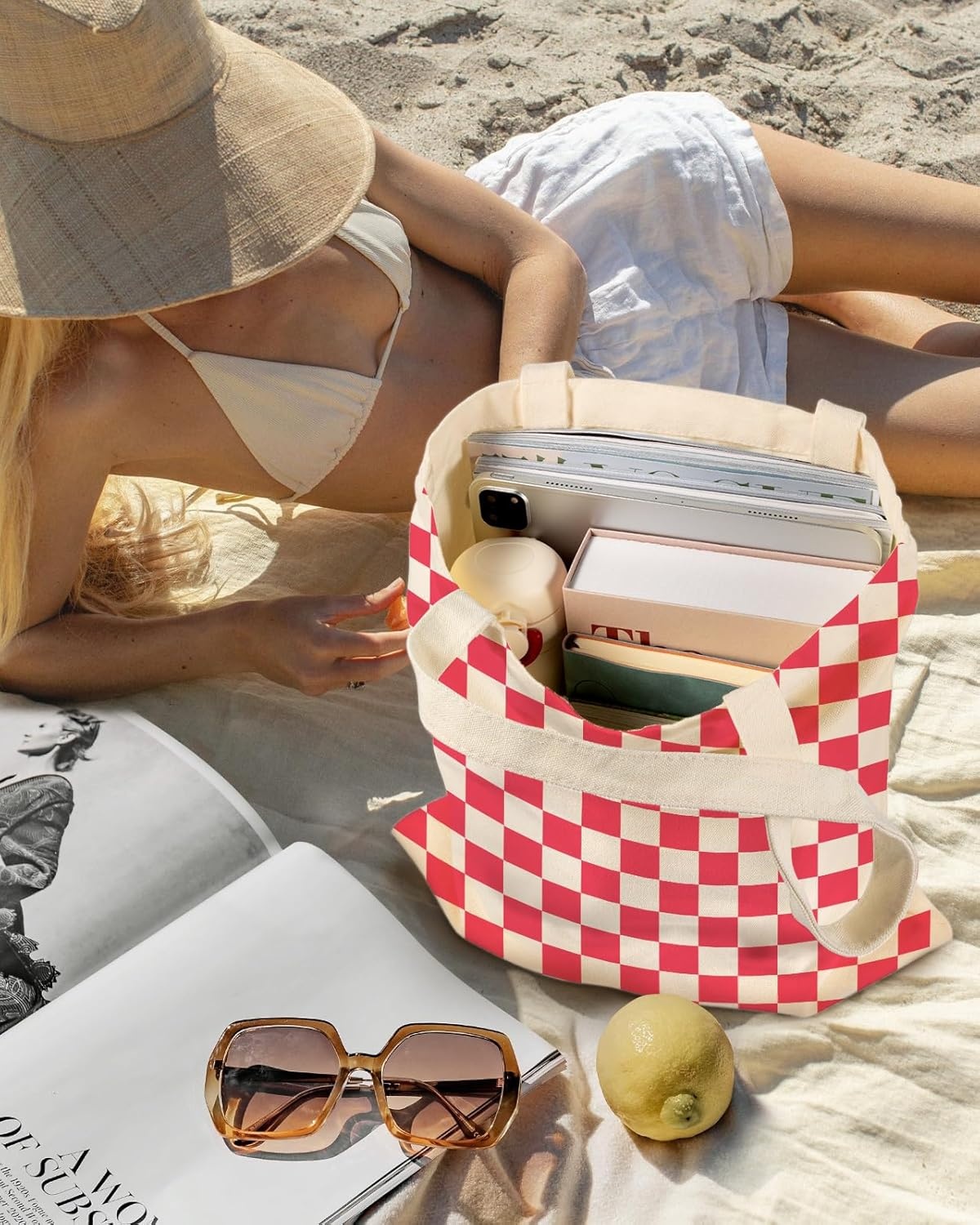 image:imageMiss Adola Aesthetic Canvas Tote Bag with Inner Pocket for Women Cloth Cotton Totes Bag with Pattern for Shopping Gym Grid Pattern