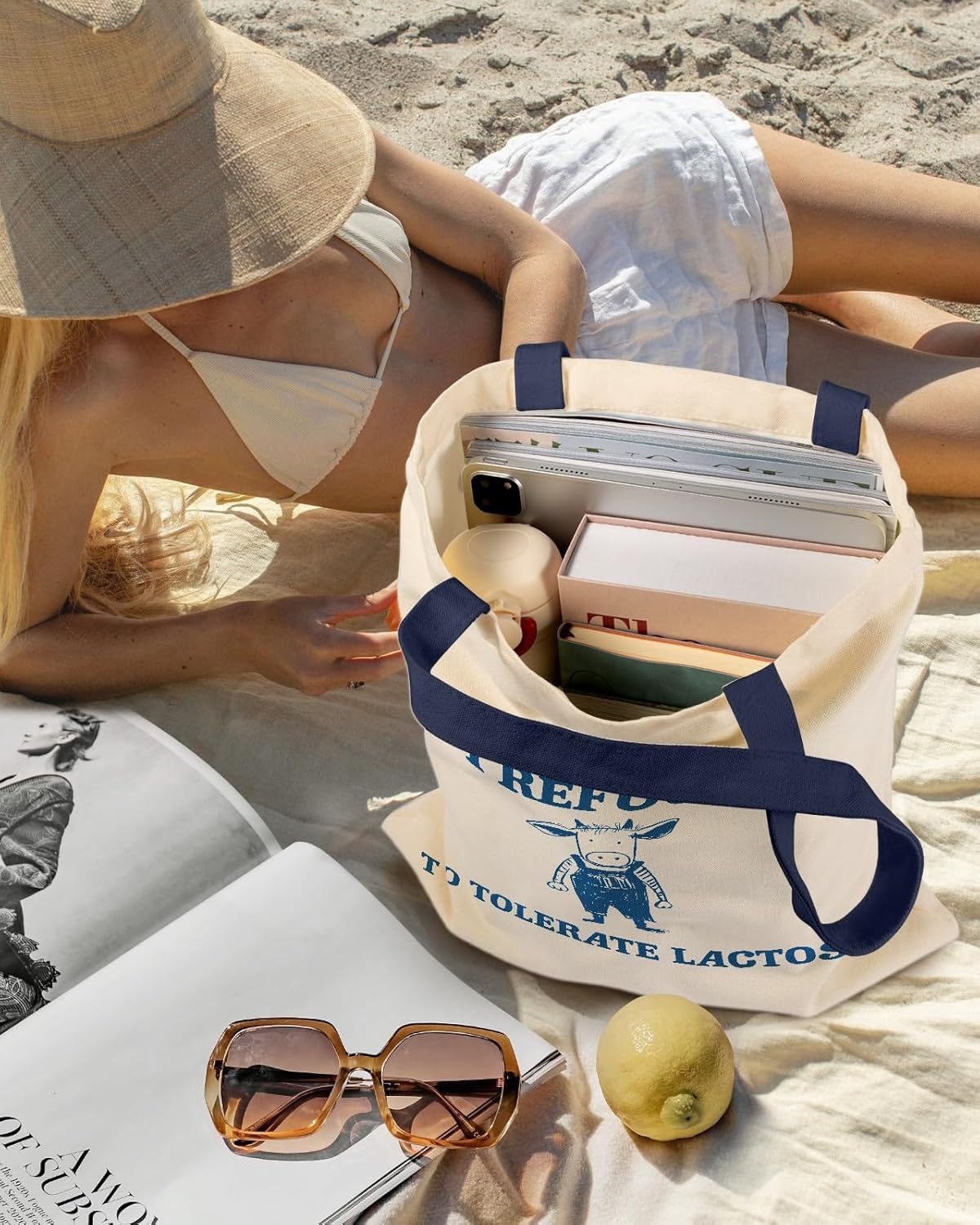 image:imageMiss Adola Aesthetic Canvas Tote Bag with Inner Pocket for Women Cloth Cotton Totes Bag with Pattern for Shopping Gym Leggings Cow
