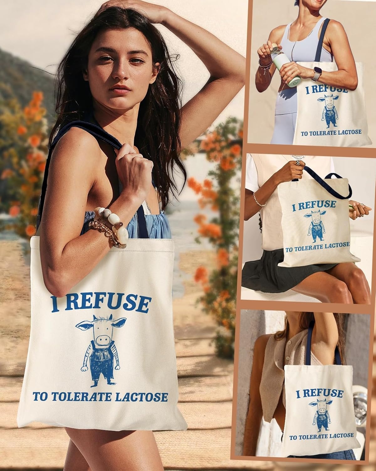image:imageMiss Adola Aesthetic Canvas Tote Bag with Inner Pocket for Women Cloth Cotton Totes Bag with Pattern for Shopping Gym Leggings Cow