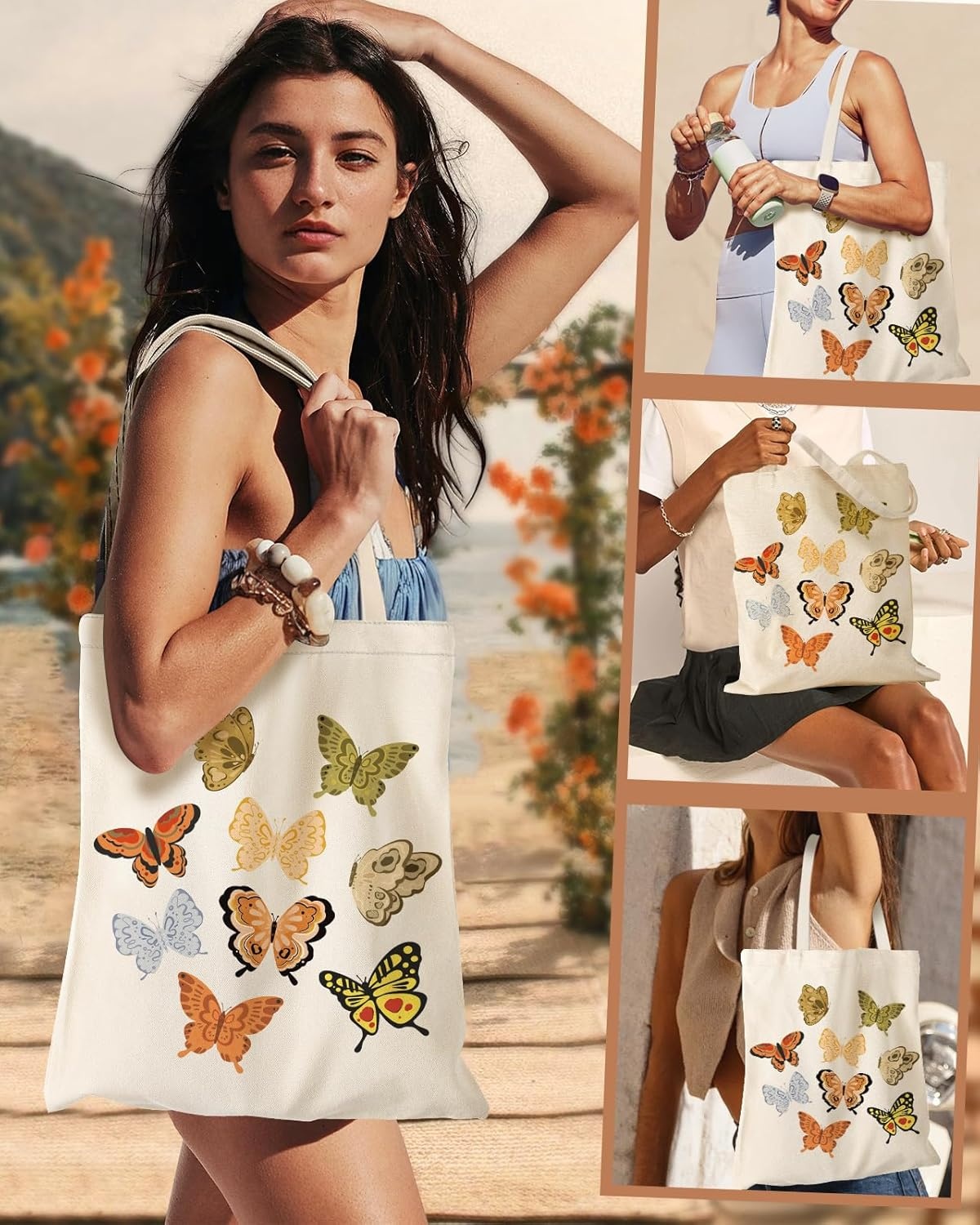 image:imageMiss Adola Aesthetic Canvas Tote Bag with Inner Pocket for Women Cloth Cotton Totes Bag with Pattern for Shopping Gym Watercolor Butterfly