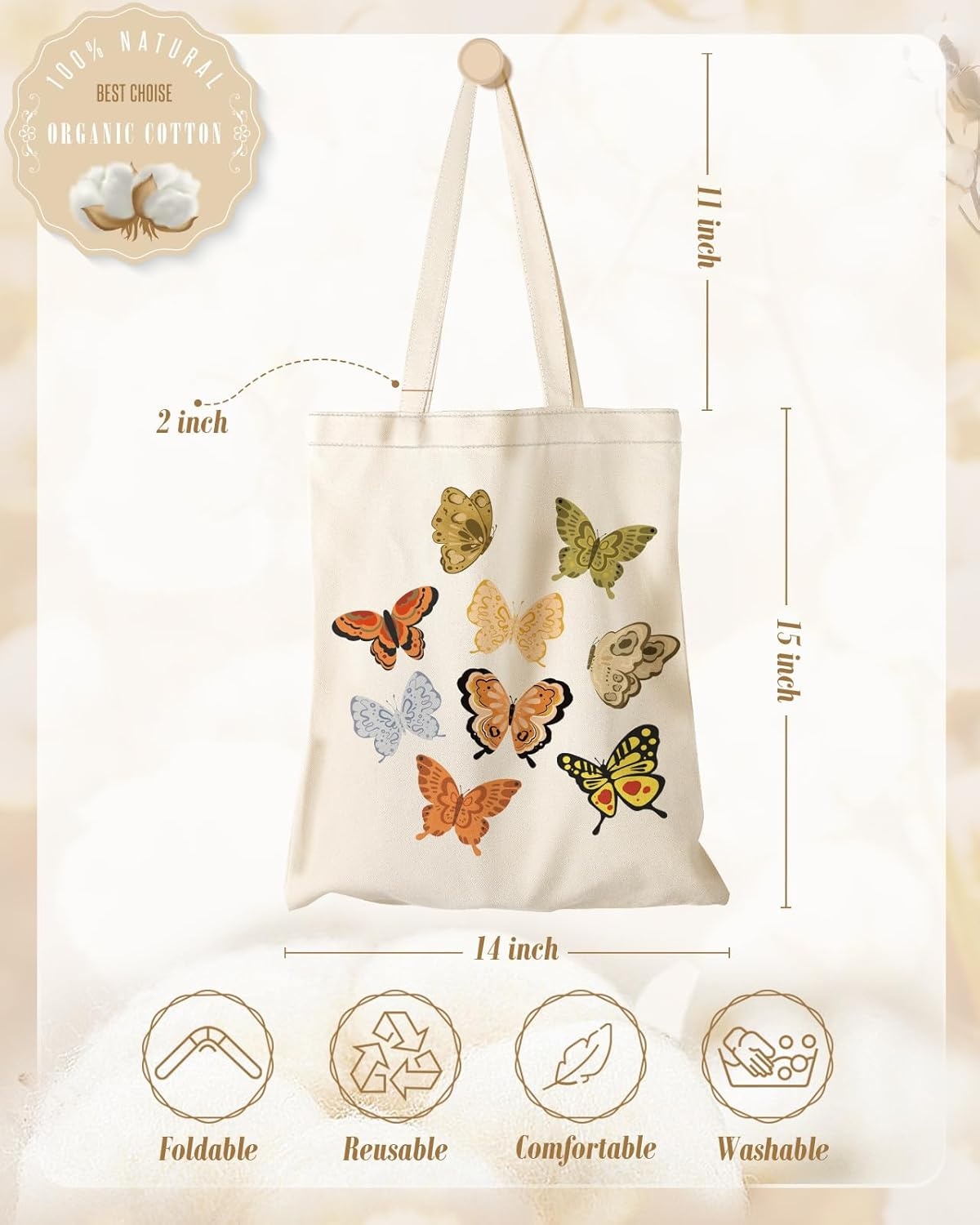image:imageMiss Adola Aesthetic Canvas Tote Bag with Inner Pocket for Women Cloth Cotton Totes Bag with Pattern for Shopping Gym Watercolor Butterfly