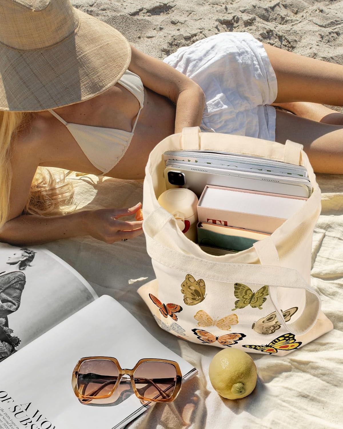 image:imageMiss Adola Aesthetic Canvas Tote Bag with Inner Pocket for Women Cloth Cotton Totes Bag with Pattern for Shopping Gym Watercolor Butterfly
