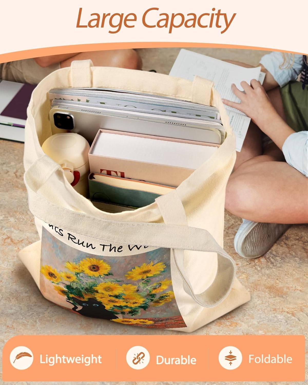 image:imageMiss Adola Aesthetic Canvas Tote Bag with Inner Pocket for Women Unique Funny Pattern Design Casual Sturdy Cloth Cotton Totes Bag with Pattern for Vacation Shopping Work Gym Sunflower Cats