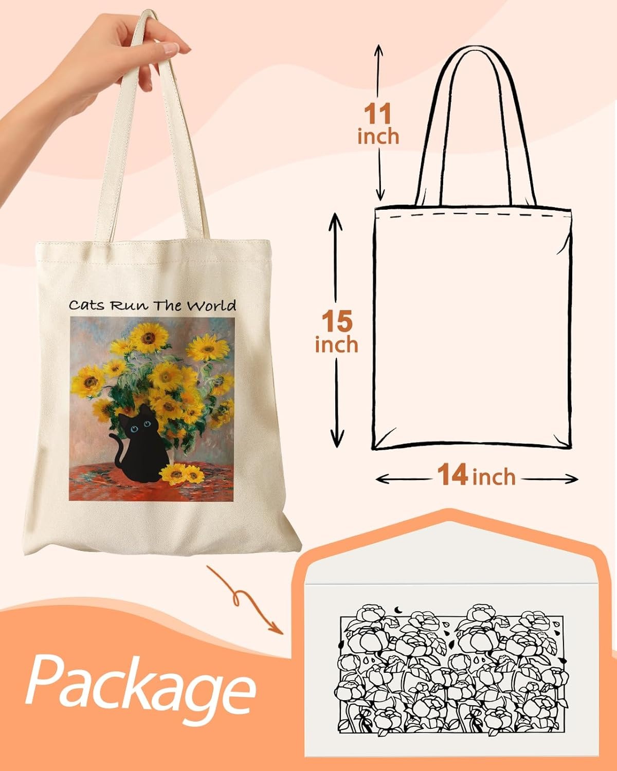 image:imageMiss Adola Aesthetic Canvas Tote Bag with Inner Pocket for Women Unique Funny Pattern Design Casual Sturdy Cloth Cotton Totes Bag with Pattern for Vacation Shopping Work Gym Sunflower Cats