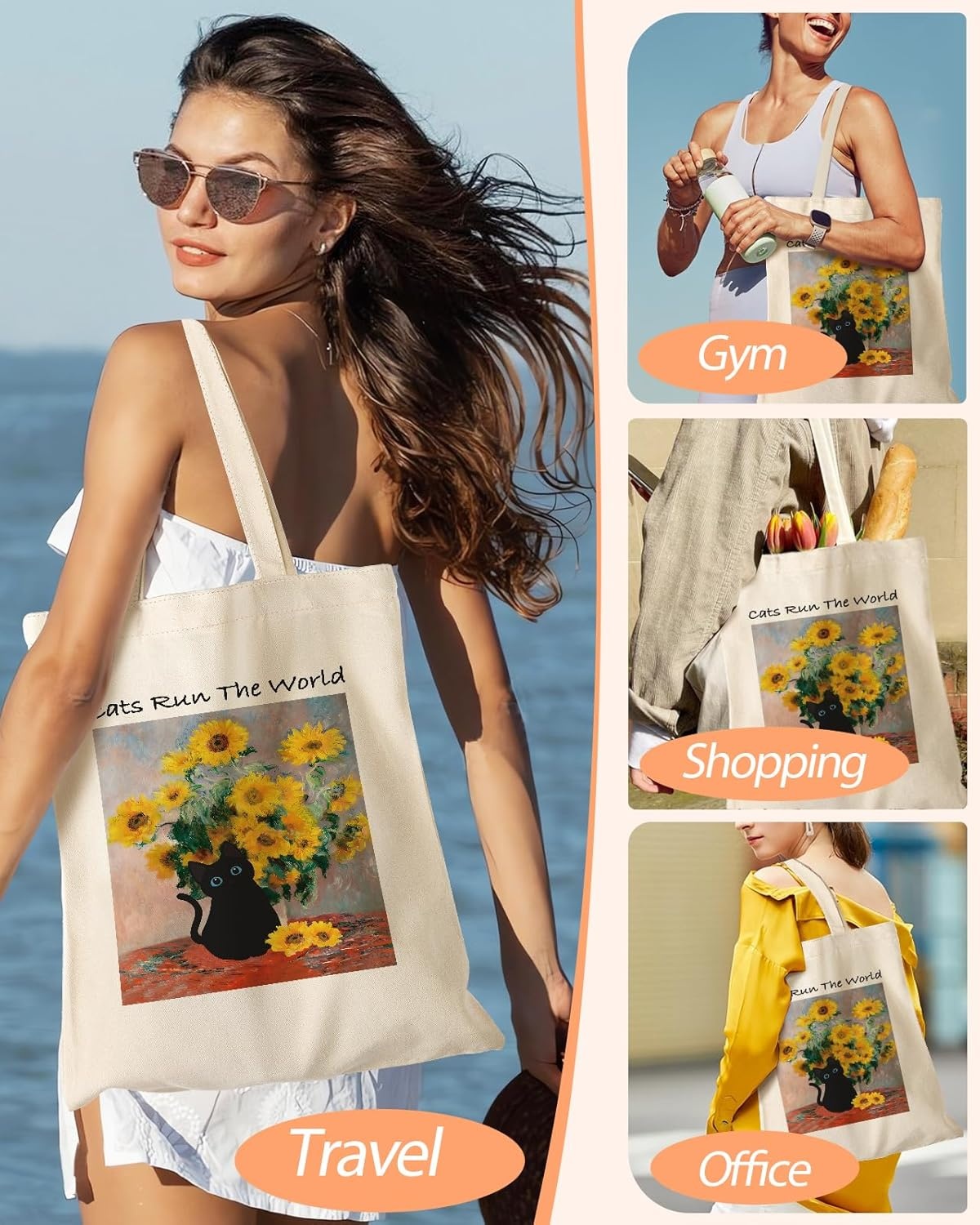 image:imageMiss Adola Aesthetic Canvas Tote Bag with Inner Pocket for Women Unique Funny Pattern Design Casual Sturdy Cloth Cotton Totes Bag with Pattern for Vacation Shopping Work Gym Sunflower Cats