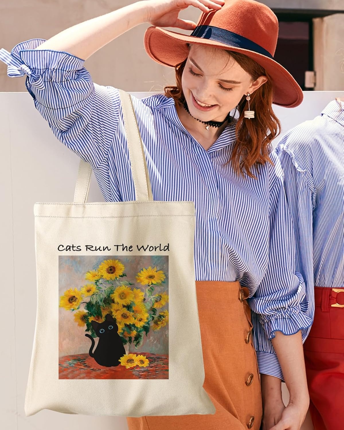 image:imageMiss Adola Aesthetic Canvas Tote Bag with Inner Pocket for Women Unique Funny Pattern Design Casual Sturdy Cloth Cotton Totes Bag with Pattern for Vacation Shopping Work Gym Sunflower Cats