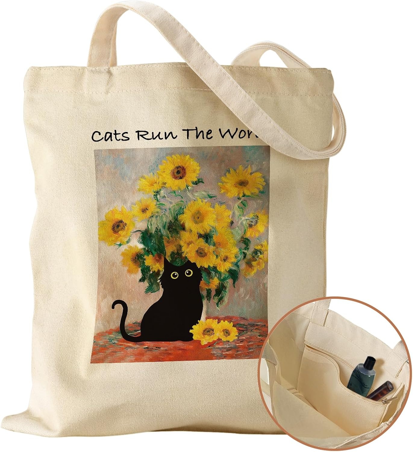 image:imageMiss Adola Aesthetic Canvas Tote Bag with Inner Pocket for Women Unique Funny Pattern Design Casual Sturdy Cloth Cotton Totes Bag with Pattern for Vacation Shopping Work Gym Sunflower Cats